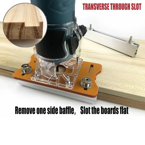 Close-up of 65mm Router Table Insert Plate for Wood Trimmers and Trimming Machines with wood slot demonstration