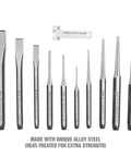 11 Piece Punch And Chisel Set For Metalworking Pro Grade Tools Made From Heat Treated Alloy Steel displayed with gauge