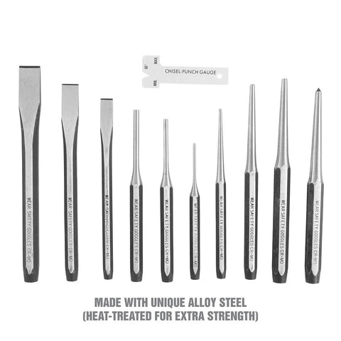 11 Piece Punch And Chisel Set For Metalworking Pro Grade Tools Made From Heat Treated Alloy Steel displayed with gauge