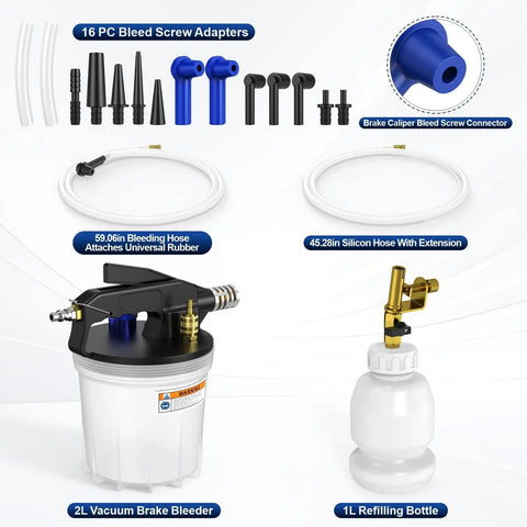 One Person Operation Pneumatic Brake Bleeder Kit With Vacuum Assist For Brake And Clutch Lines Includes 1L Refilling Bottle And 16 Adapters
