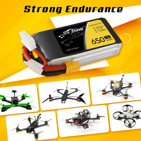Pro Grade 11.1V 650mAh 75C 3S1P LiPo Battery Pack With XT30 Plug with drone compatibility image.