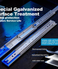 Close-up of Heavy Duty 24 Inch Drawer Slides Full Extension Soft Close Ball Bearing Side Mount Runners with galvanized surface treatment.