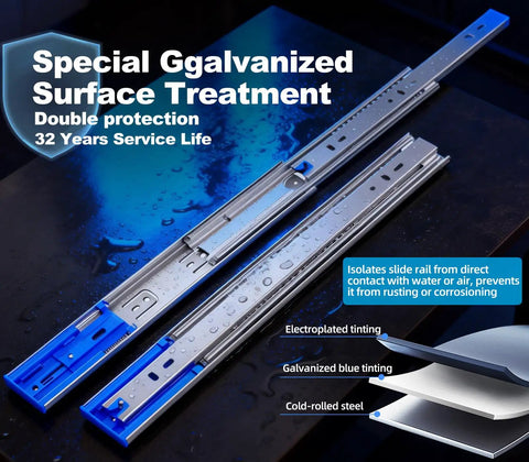 Close-up of Heavy Duty 24 Inch Drawer Slides Full Extension Soft Close Ball Bearing Side Mount Runners with galvanized surface treatment.