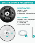 Specifications and accessories for Thirty Series Torque Converter Driver Clutch For Three Quarter Inch Shaft Engines with included parts.