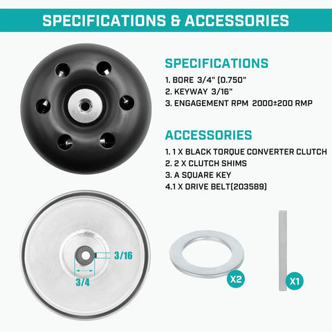 Specifications and accessories for Thirty Series Torque Converter Driver Clutch For Three Quarter Inch Shaft Engines with included parts.