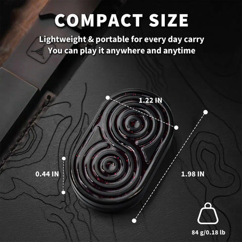 Infinity Stainless Steel Fidget Slider EDC Toy, compact size with dimensions, detailed close-up on dark surface.