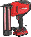 V20 Cordless 18 Gauge Brad Nailer with Battery and Charger, shown at an angle, highlighting the compact design and red color.