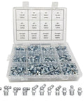 245 Piece Grease Fitting Assortment Kit with SAE and Metric Zerk Fittings, Galvanized Steel, open box showing contents.