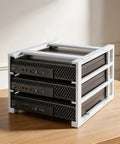 Slick Three Slot Stackable Desktop Computer Rack Optimized For OptiPlex Micro Units displaying three micro towers in a white stand.