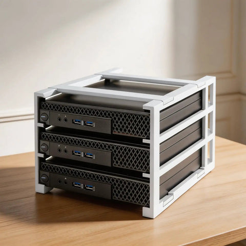 Slick Three Slot Stackable Desktop Computer Rack Optimized For OptiPlex Micro Units displaying three micro towers in a white stand.