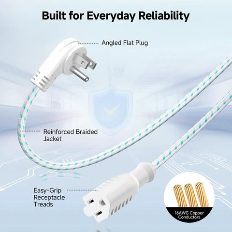 Two Pack Braided Low Profile Flat Power Cords 6 Foot 3 Prong Extension Cable For Indoor Use Flat Plug Under Rug Power Extension Cable With Durable Braided Jacket