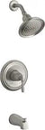 Image of Devonshire Rite-Temp Bath and Shower Valve Trim With ADA Lever Handle in brushed nickel finish, includes showerhead and faceplate.