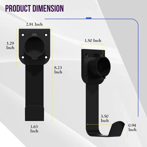 Dimensions of J1772 EV Charger Holder Wall Mount Heavy Duty Steel Cable Organizer showing size details for installation.