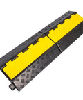 Two Channel Rubber Cable Ramp Protector And Cord Cover For Cables And Hoses Rugged Heavy Duty Traffic Ramp For Driveways And Outdoors Ideal For Asphalt Concrete Gravel Surfaces 1 Pack, yellow and black.