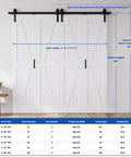 Space Saving White Bifold Sliding Barn Door Kit 60x84 Inch With K Shaped Panel And Sliding Hardware, installed view with dimensions