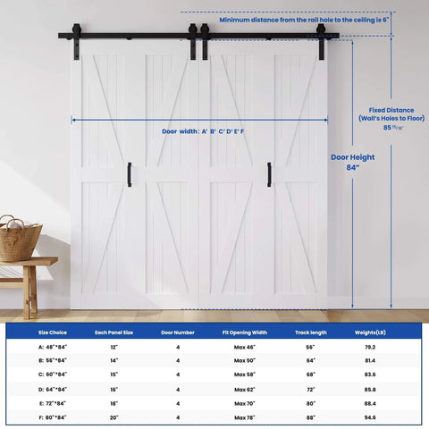 Space Saving White Bifold Sliding Barn Door Kit 60x84 Inch With K Shaped Panel And Sliding Hardware, installed view with dimensions
