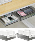 Level Up Your Desk Game With These Smooth Glide Under Desk Drawers Large And Medium 2 Pack Slide Out Storage Organizer For Tables With Lips Adhesive Workspace Flex Kit For Clean Vibes with various items stored inside.