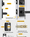 Diagram showing product size and components of Matte Black Exterior Front Door Lock Set With Deadbolt Square Contemporary Design