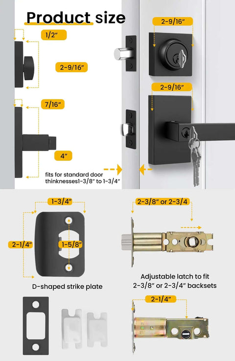 Diagram showing product size and components of Matte Black Exterior Front Door Lock Set With Deadbolt Square Contemporary Design