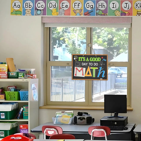 Classroom with It's A Good Day To Do Math Front Door Sign Blackboard Pencil Ruler Wood Hanger for School Classroom Decor