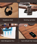 Headphone stand, rotating cup holder, cable management box, and dual USB charger on Smooth Lift Height Adjustable Standing Desk Rock Solid Steel Frame With Spacious Wood Top Quiet Sit Stand Workstation Cup Holder And Headphone Hook Killer Home Office Or Gaming Space Black.
