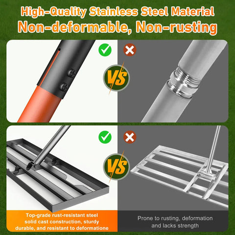 Comparison of Stainless Steel Leveling Rake With 78 Inch Adjustable Handle, showing durable non-rusting features