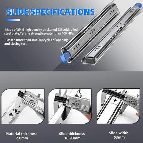 Beefy Heavy Duty Locking Drawer Slides Set For Cabinets RVs Tool Boxes And Trash Cans With Auto Lock Dual Side Unlocking Handles Full Extension Ball Bearing Rails 14 To 40 Inch 260 Lb Capacity Compatible Rails, 53mm wide steel slides