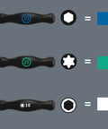Color-coded tips of 4547 HF T-Handle Screwdriver Set With Hex-Plus, Holding Function, 7-Piece Kit, ergonomic grip display.