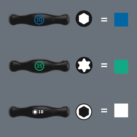 Color-coded tips of 4547 HF T-Handle Screwdriver Set With Hex-Plus, Holding Function, 7-Piece Kit, ergonomic grip display.