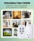 Mini Wireless Remote Outlet Kit with remote and three outlets for household appliances, remote light switch shown beside plugged devices.