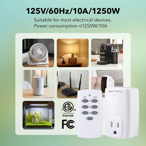 Mini Wireless Remote Outlet Kit with remote and three outlets for household appliances, remote light switch shown beside plugged devices.