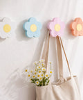Four Pack Hand Carved Wood Daisy Wall Hooks Decorative Multi Color Coat And Robe Hanger Rack For Bathroom Kitchen Nursery with flowers