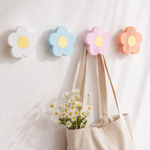 Four Pack Hand Carved Wood Daisy Wall Hooks Decorative Multi Color Coat And Robe Hanger Rack For Bathroom Kitchen Nursery with flowers