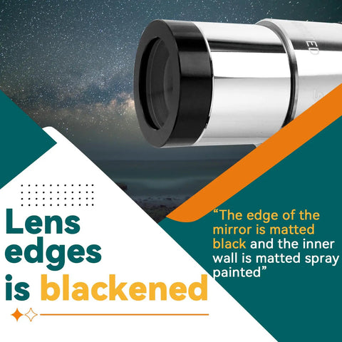 Close-up of 3X Barlow Lens For 1.25 Inch Telescopes With Metal Body, showing blackened lens edges against a starry sky backdrop.