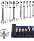 12 Piece SAE Flex Head Ratcheting Wrench Set With One Quarter Inch To Seven Eighths Inch Wrenches In Chrome Vanadium Steel Construction And Handy Organizer Bag
