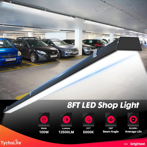 Black 8ft LED Shop Light, 100W 12500lm, 5000K Daylight in parking garage, dual mount surface or suspension use