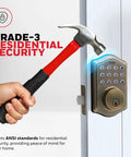 Keyless Entry Door Lock With Smart Electronic Keypad Deadbolt 50 User Codes Auto Lock Alarm After Four Incorrect Attempts Easy Install No Brainer Front Door Security Upgrade Antique Brass Finish showing security against force.