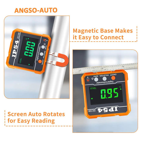 Digital Angle Gauge for ADAS Calibration, IP54 Rated Protractor Tool With 4 By 90 Degree Measuring Range, High Precision Angle Finder for Auto Shop, Easy Readout, Reliable Alignment and Sensor Calibration on metal pipe, magnetic base