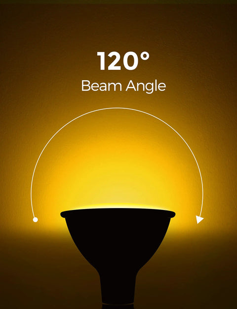 Amber Outdoor Bug Light Bulbs PAR38 LED Flood Light 2 Pack featuring 120-degree beam angle glowing warm yellow