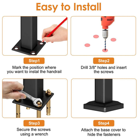 Easy install guide for Heavy Duty Outdoor Hand Rail For 2 To 3 Steps Black Iron Style Stair Railing For Concrete Brick Wood Stairs
