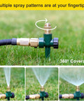 All Metal Lawn Sprinkler System, 2 Pack Auto Yard Sprinklers On Spike Base, Brass Head And Zinc Alloy Body spraying water on grass