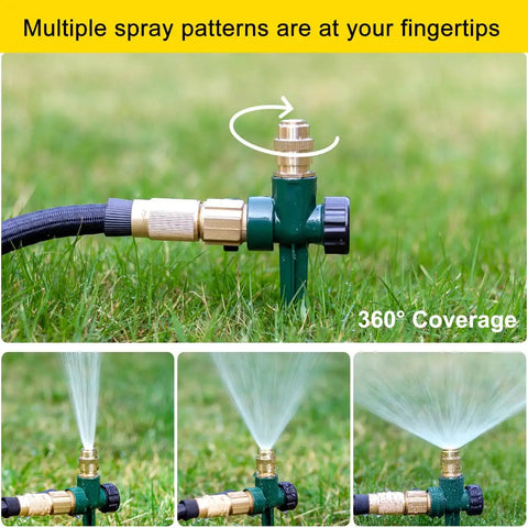 All Metal Lawn Sprinkler System, 2 Pack Auto Yard Sprinklers On Spike Base, Brass Head And Zinc Alloy Body spraying water on grass