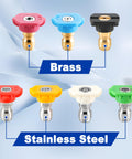 Pressure Washer Nozzle Tips Kit Seven Pack With One Quarter Inch Quick Connect For Power Washers Two Point Five GPM Includes 0 Degree 15 Degree 25 Degree 40 Degree 65 Degree Nozzles Rinse And Soap Modes displayed on blue background
