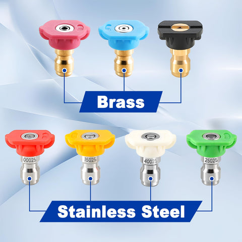 Pressure Washer Nozzle Tips Kit Seven Pack With One Quarter Inch Quick Connect For Power Washers Two Point Five GPM Includes 0 Degree 15 Degree 25 Degree 40 Degree 65 Degree Nozzles Rinse And Soap Modes displayed on blue background
