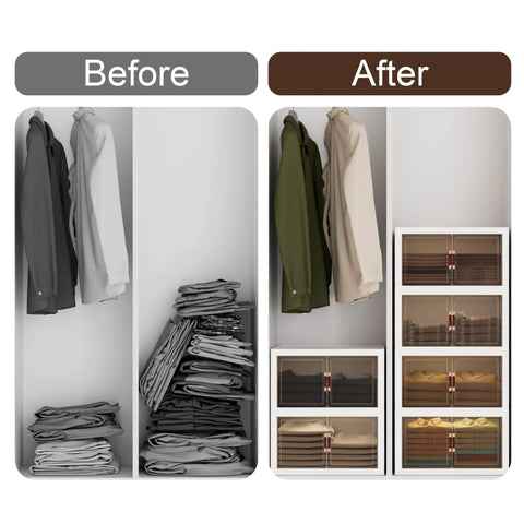 Heavy Duty Foldable Storage Bins With Smooth Rolling Wheels And Secure Door Lock Spacious Collapsible Plastic Containers For Closets Garage Attic Stackable Home Organizers No Sweat Assembly shown in organized closet before and after.