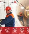 Worker using Rugged 100 Foot Construction String Lights Set, 150 Watt Total 15000 Lumens, in tunnel, waterproof durable lighting