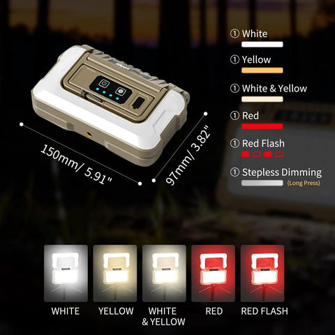 Ultra Bright 1500 Lumen Folding LED Camping Lantern With USB C Rechargeable Power Five Modes and light color options shown