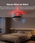 Set It And Forget It Peace Of Mind With This 10 Year Photoelectric Smoke Detector, showing low battery alert feature in bedroom.