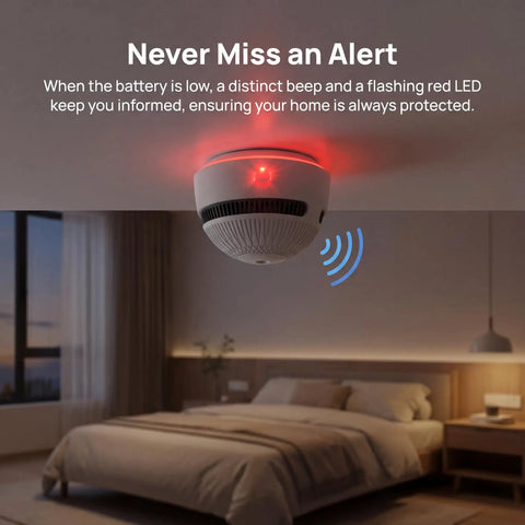 Set It And Forget It Peace Of Mind With This 10 Year Photoelectric Smoke Detector, showing low battery alert feature in bedroom.