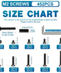 M2 Screws And Nuts Kit Dope Set For 3D Printing RC Planes And Small Projects 452 pieces size chart with screw dimensions
